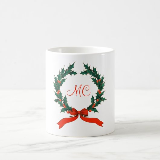 Mug Rétro Noël Holly Wreath avec initiales vacances (Centre)
