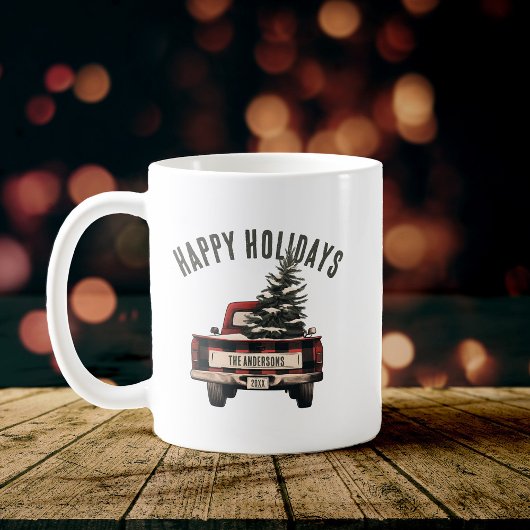 Mug Retro Red Plaid Camion de Noël personnalisé Nom de