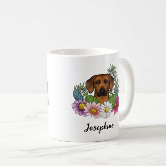 Mug Rhodesian Ridgeback Chien Tête Fleurs Et Nom (Devant droit)