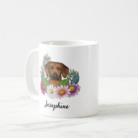 Mug Rhodesian Ridgeback Chien Tête Fleurs Et Nom (Devant gauche)