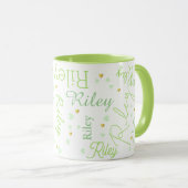 Mug Riley répétitif (nom personnalisé) + coeurs verts (Devant droit)