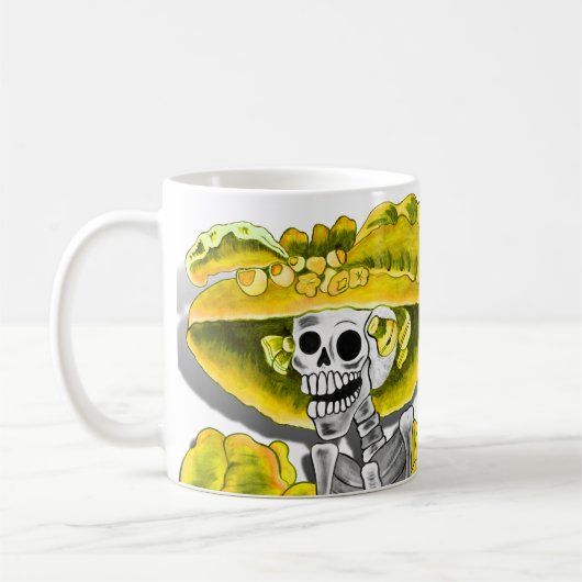 Mug Rire Skeleton Woman dans Yellow Bonnet (Gauche)