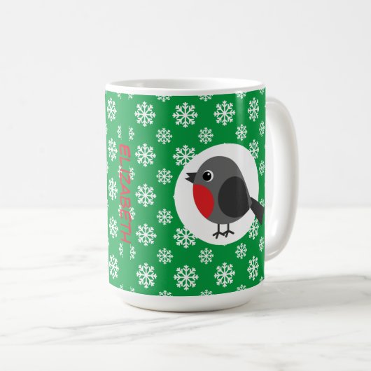 Mug Robin de dessin mignon avec des flocons de neige | (Devant droit)