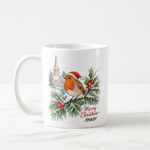 Mug Robin de Noël à l'aquarelle avec houx et neige