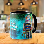 Mug Robot Cute Retro Vintage Cool Good Morning Human<br><div class="desc">"Bonjour, humain." J'adore les visages rétro et mignons sur les robots vintages, jouet en métal de l'enfance. Voici l’un de mes coups de coeur, dressé contre une bulle bleu turquoise dans le ciel. Commencez votre journée avec ce cool, mignon, amusant, coloré, photo illustration, tasse de café. Fait un grand cadeau...</div>