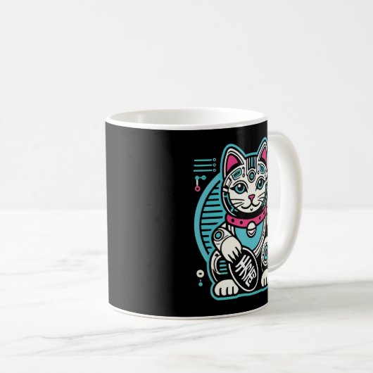 Mug Robot Cyberpunk Maneki Neko Chat Lucky, Argent (Devant droit)