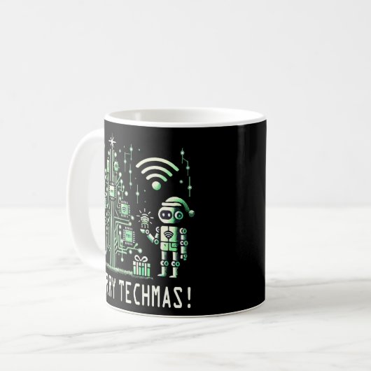 Mug Robot IA avec arbre de Noël Tech - Joyeux Techmas (Devant gauche)