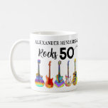 Mug Rock and Roll 50th Birthday ajouter Nom<br><div class="desc">Ajoutez un nom à ce cadeau de tasse à café de 50e anniversaire et célébrez un mari rockstar, petit ami, frère, père ou ami dans le style rock and roll parce qu'ils rock 50. Cinq guitares psychédéliques cool avec motif à flamme et garde-chasse rouge Guitare électrique et guitare électrique colorée...</div>