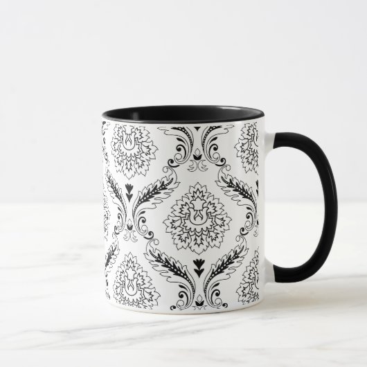 Mug Rococo Damask Line Pattern Black on White (Droite)