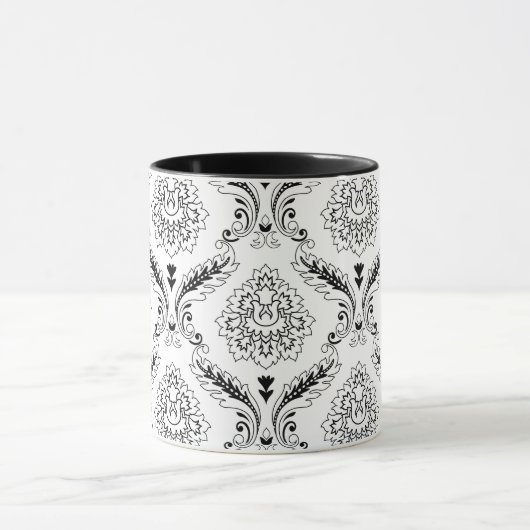 Mug Rococo Damask Line Pattern Black on White (Centre)