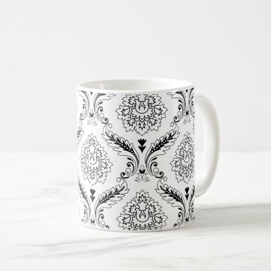 Mug Rococo Damask Line Pattern Black on White (Devant droit)