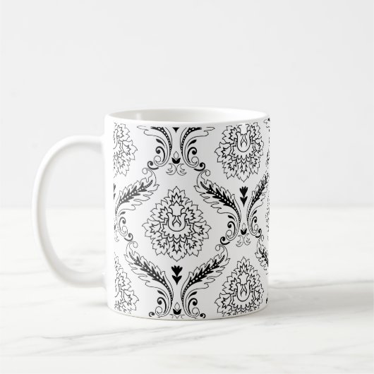 Mug Rococo Damask Line Pattern Black on White (Gauche)