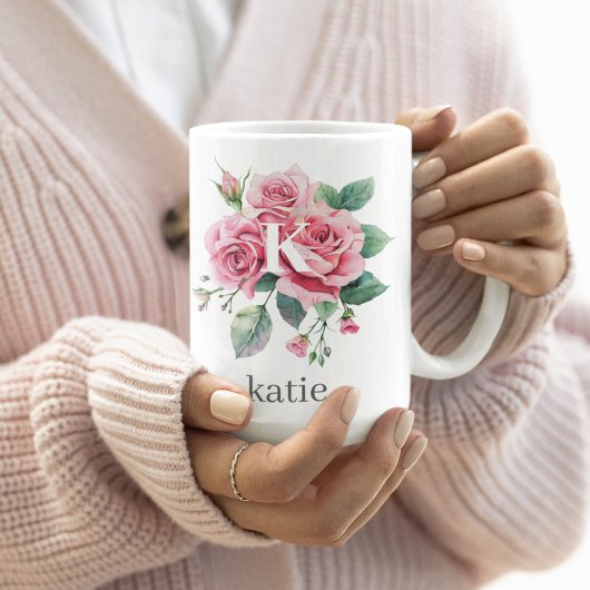 Mug Roes Rouges Fleurs Avec Élégant Monogramme Nom Per