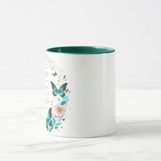 Mug Romains 8:28 Fleurs et papillons (Centre)