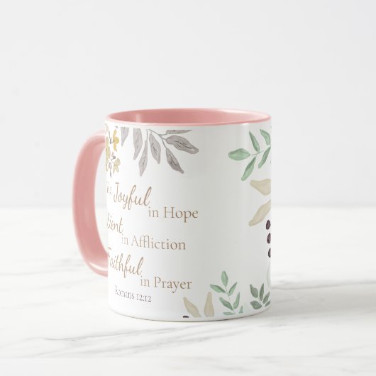 Mug Romans 12:12 Ecriture rose or Aquarelle Florale (Devant gauche)