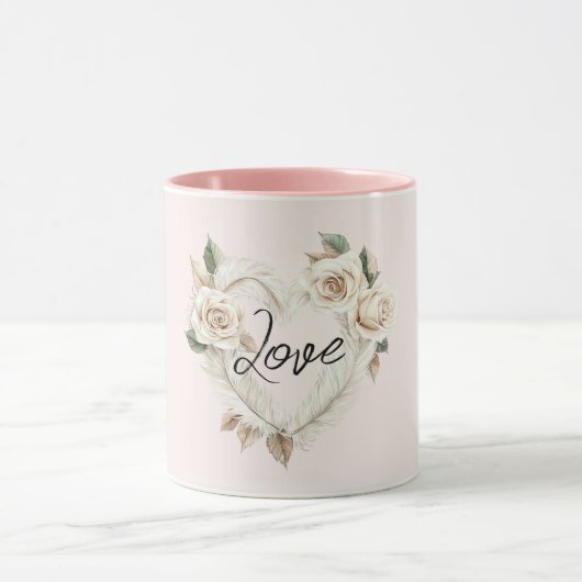 Mug Romantic Cream Blush Roses Feathers Floral Heart (Centre)