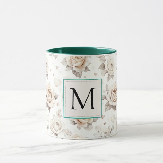 Mug Romantic Cream Rose Floral Monogram (Centre)