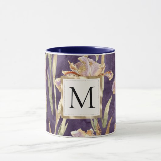 Mug Romantic Purple Iris Floral Gold monogram (Centre)