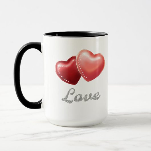 Mug Romantic Sparkling Red Hearts "Love" Glitter Desig (Gauche)