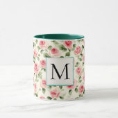 Mug Romantic Teal Blush Pink Roses Floral Monogram (Centre)
