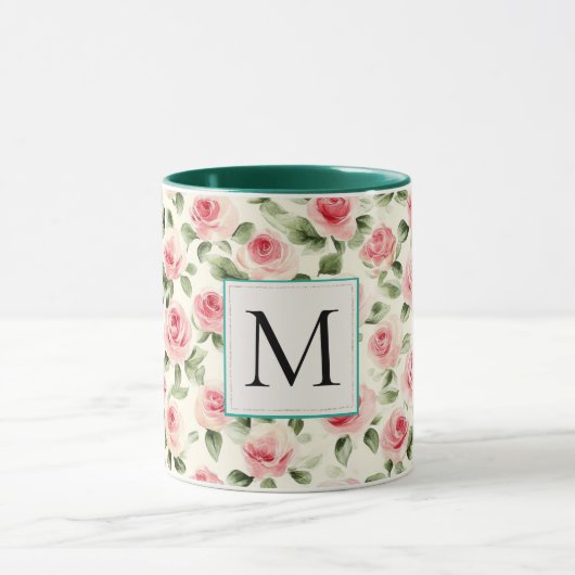 Mug Romantic Teal Blush Pink Roses Floral Monogram (Centre)