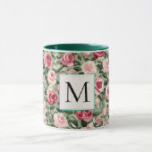 Mug Romantic Teal Green Pink Roses Floral Monogram (Centre)