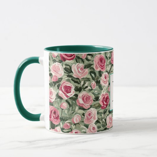 Mug Romantic Teal Green Pink Roses Floral Monogram (Gauche)