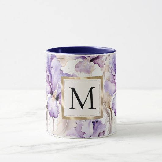 Mug Romantic White Purple Iris Floral Monogram (Centre)