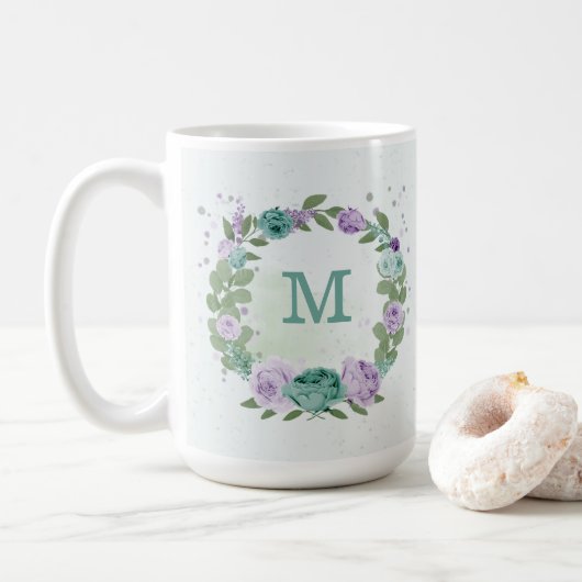Mug romantique fleurs bleu violet verdure (Avec donut)