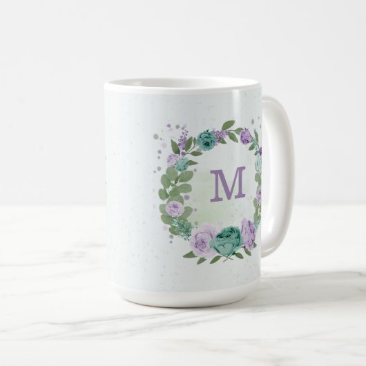 Mug romantique fleurs bleu violet verdure (Devant droit)