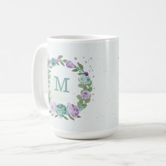 Mug romantique fleurs bleu violet verdure (Devant gauche)