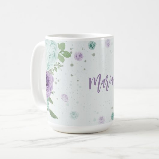 Mug romantique fleurs bleu violet verdure (Devant gauche)