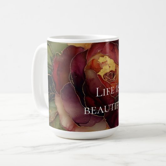 Mug Romantique Rouge Bourgogne Rose Or Floral (Devant gauche)