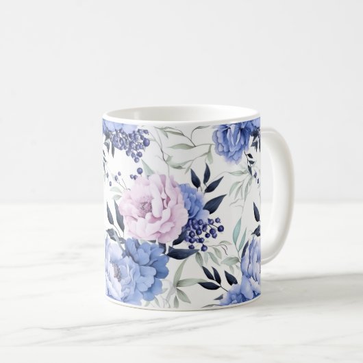 Mug Romantique Rustique rose et bleu pivoine florale M (Devant droit)