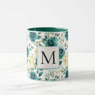 Mug Romantique Turquoise Green Creme Rose Floral Monog