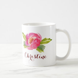 Mug Rose aquarelle avec nom personnalisé
