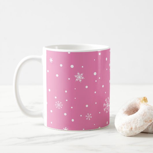 Mug Rose avec points blancs et flocons de neige (Avec donut)