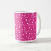 MUG ROSE BRILLANTE AVEC AMOUR BLANC SCRIPTÉ DE COEURS (Devant droit)
