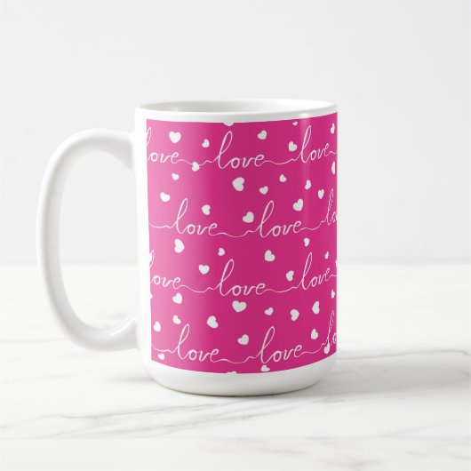 MUG ROSE BRILLANTE AVEC AMOUR BLANC SCRIPTÉ DE COEURS (Gauche)