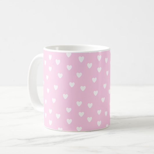 Mug Rose chaud avec Coeurs blancs (Devant gauche)