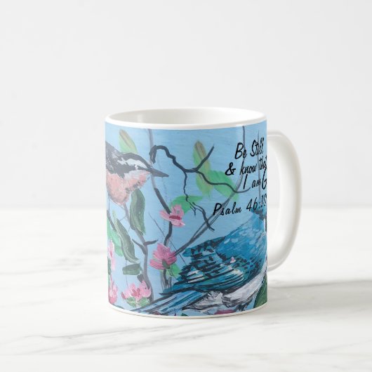 Mug Rose d'Art Moderne et Oiseaux Bleus avec Verse Bib (Devant droit)