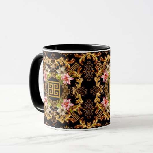 Mug Rose d'or noir floral baroque (Devant gauche)