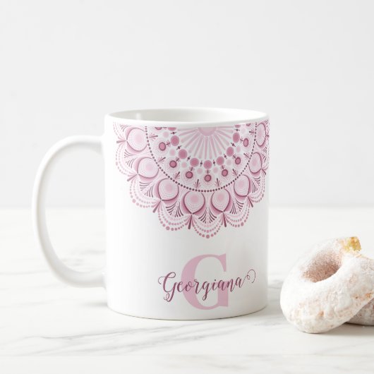 Mug Rose Dusky Personnalisé Confetti Lace Dot Mandala (Avec donut)