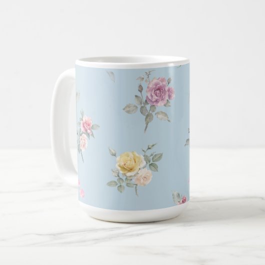 Mug Rose en bleu doux aquarelle florale (Devant gauche)
