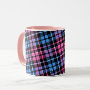 Mug Rose et bleu sur motif carreaux tartan noir