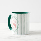 Mug Rose et Menthe Monogramme personnalisé rayé aquare (Devant gauche)