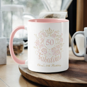 Mug Rose et Or Élégant Floral 50 ans et Incroyable Ann