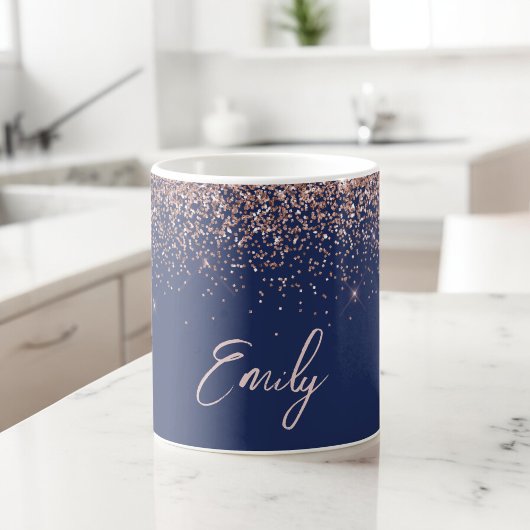 Mug Rose Gold Bleu Marine - Paillettes Rose Foncé Scin