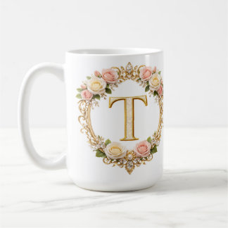 Mug Rose Gold Blush Floral Monogramme Lettre T Mariage
