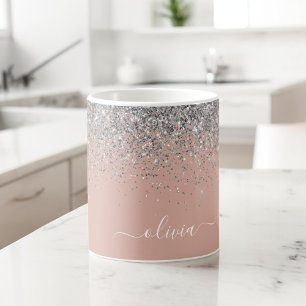 Mug Rose Gold Blush Rose Pailleté Monogramme Féminin